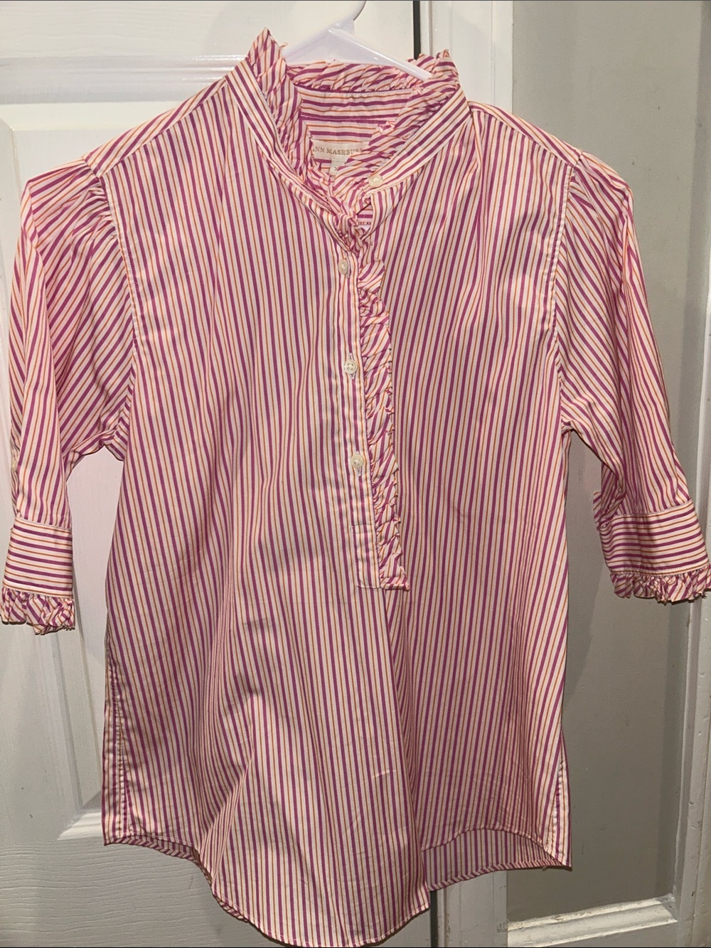 ANN MASHBURN Pink & White Striped Ruffle Henley Blouse